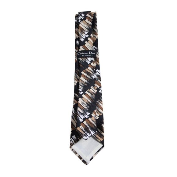 Christian Dior MONSIEUR Tie 100% Silk - White, Beige & Black Diagonal Pattern - Picture 5 of 6
